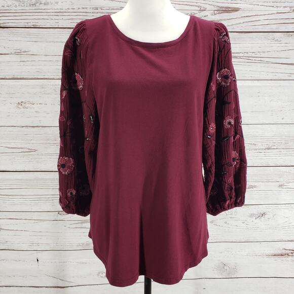 Chico's Women's Burgundy Floral Embroidery Long Sleeve Top Size 3 - Picture 1 of 12